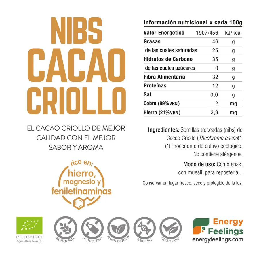 Cacao Criollo Nibs sin gluten BIO 1 kg, Energy Feelings · imagen 2