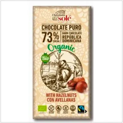Chocolate negro 73% con avellanas sin gluten BIO 150 g, Chocolates Sole