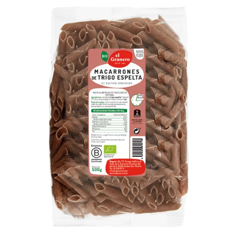 Macarron espelta integral BIO 500 g, El Granero