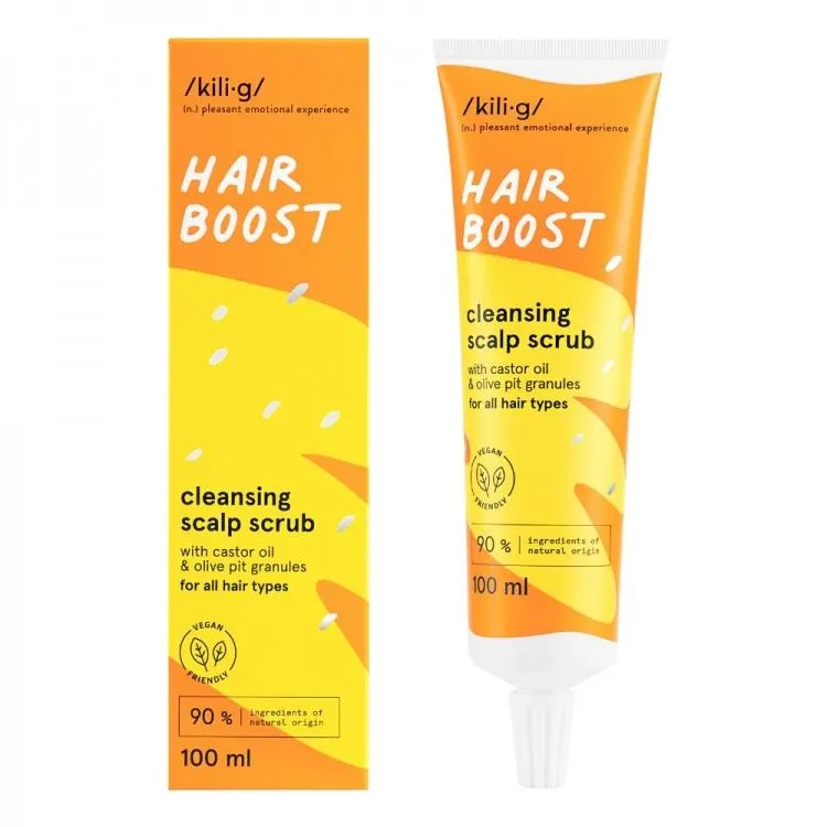 Esfoliante Hair Boost com óleo de rícino e caroços de azeitona, Kilig