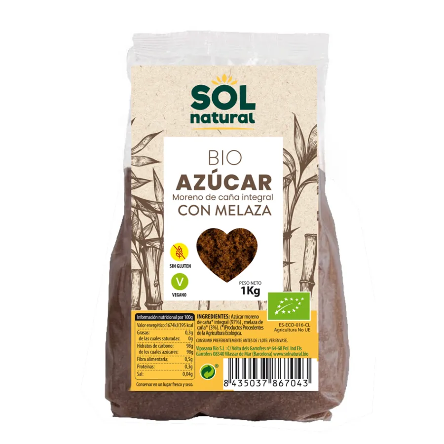 Azúcar moreno de caña integral con melaza BIO 1 kg, Solnatural