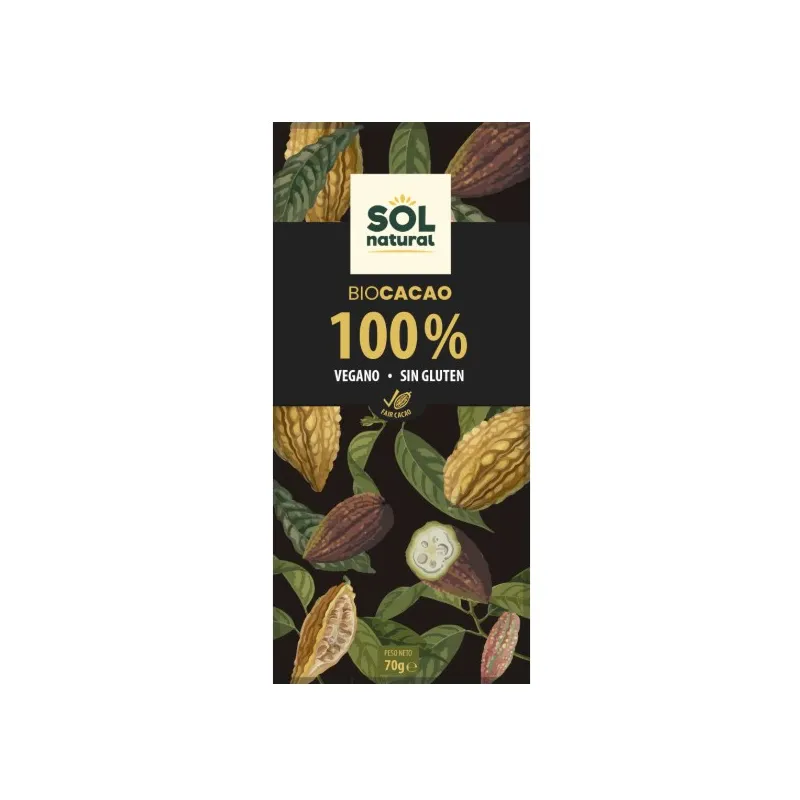 Tableta chocolate 100% cacao BIO 70 g, Sol Natural
