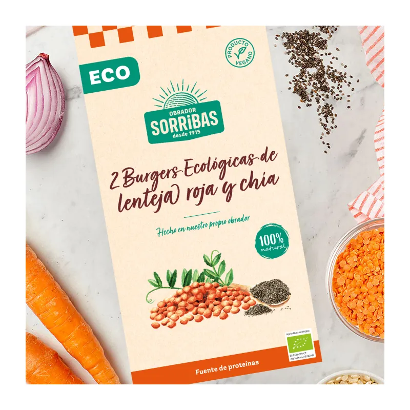 Hamburguesa lenteja roja y chia 160 g sorrib 2 x 80 g, Obrador Sorribas