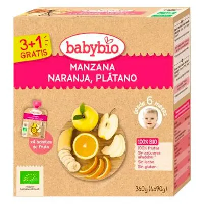 Quetschbeutel Apfel Orange Banane BIO 4 x 90 g, Babybio
