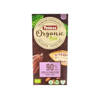 Chocolate negro 90% criollo forastero sin gluten BIO 100 g, Torras