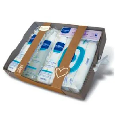 Canastilla gris leche corp+colonia+gel+crema+toall, Mustela