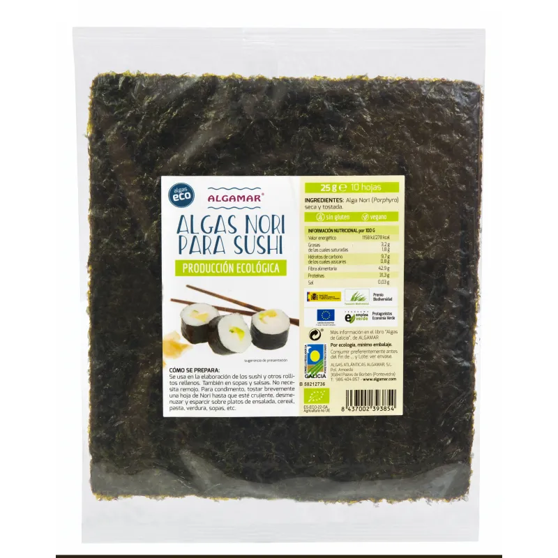 Alga nori 10 hojas para sushi BIO 25 g, Algamar