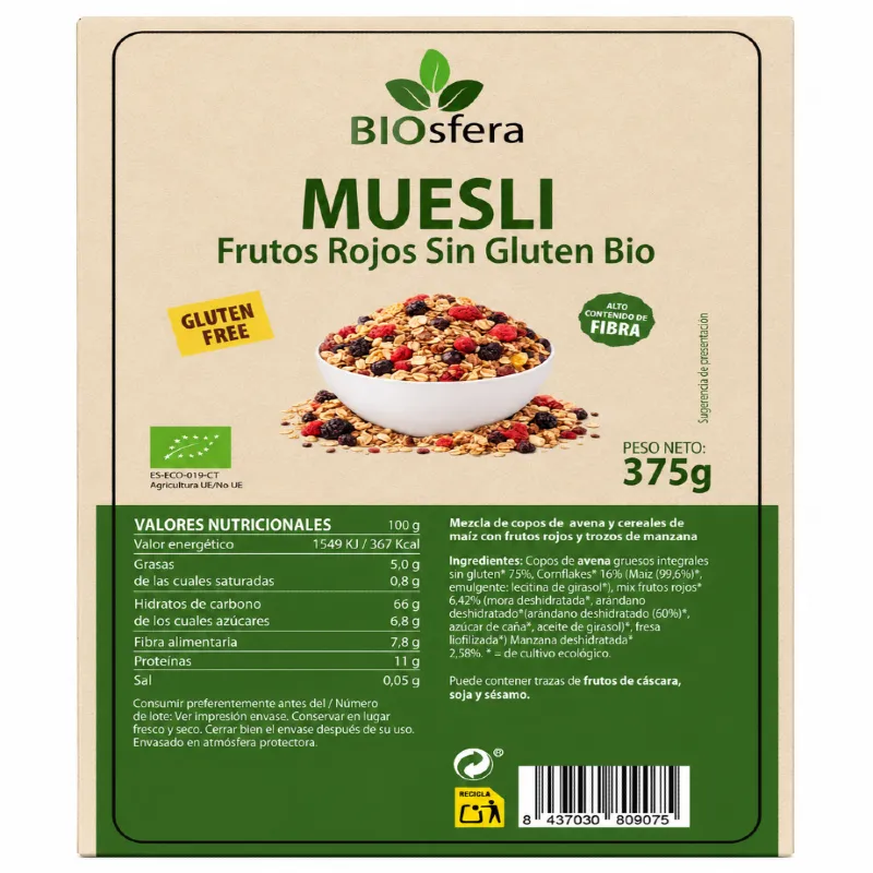 Muesli avena frutos bosque s/g BIO 375 g, Biosfera