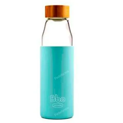 Botella borosilicato tapon bambu azul 500 ml, Irisana
