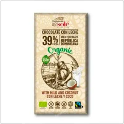 Chocolat au lait et coco sans gluten BIO 100 g, Chocolates Sole