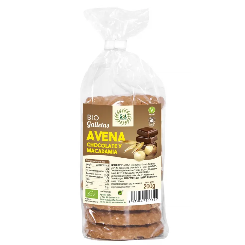 Biscotti avena cioccolato macadamia BIO, Sol Natural