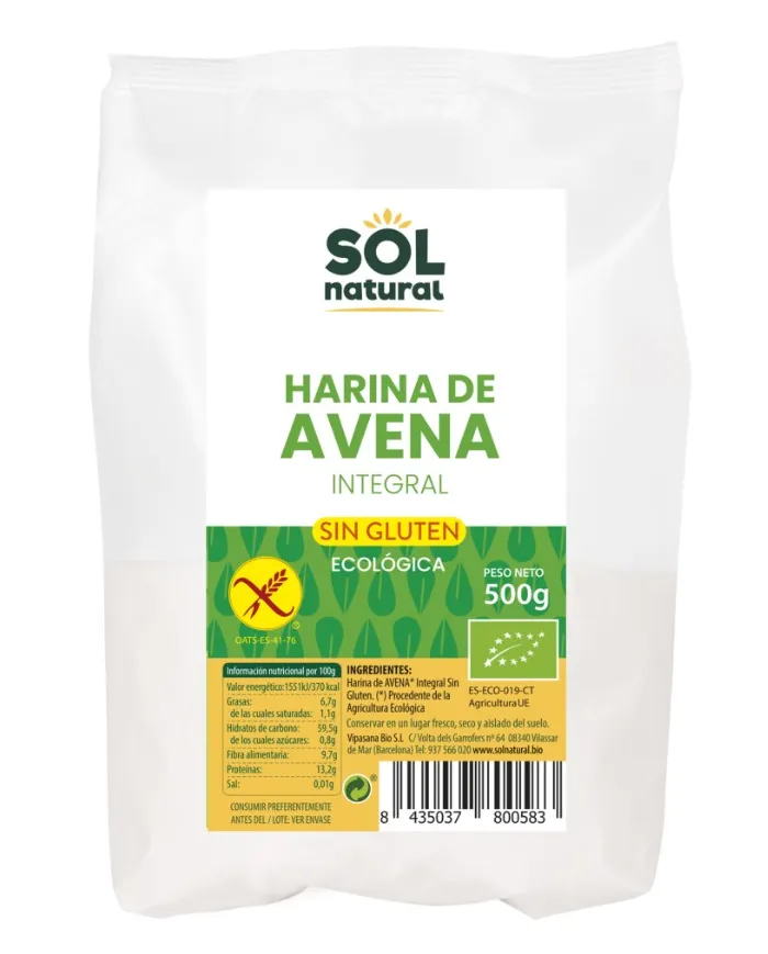 Harina avena s/gluten BIO 500 g, Sol Natural