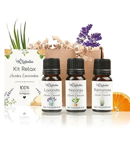 Kit Relax. Aceites esenciales . 3 uds. de con folleto usos. Lavanda, Naranja y Palmarosa 12 ml, Labiatae
