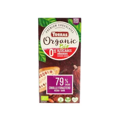 Chocolate negro 79% criollo forastero sin azúcar BIO 100 g, Torras