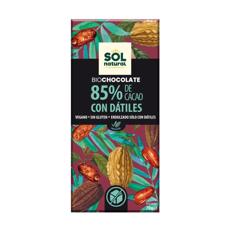 Tableta chocolate 85% con datiles 70 g, Sol Natural