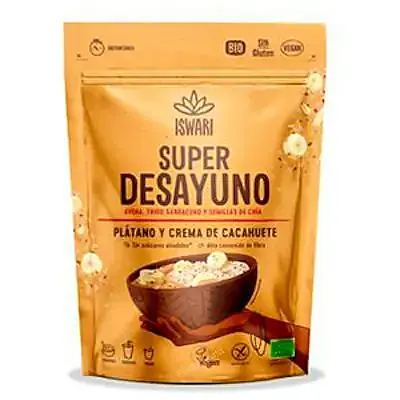 Super desayuno plátano y crema cacahuete sin gluten BIO 360 g, Iswari