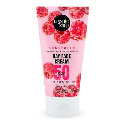 Crema de día facial con protección solar frambuesa + antioxidantes SPF50 50 ml, Organic Shop