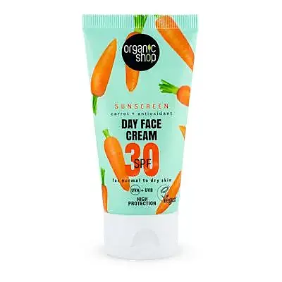 Crema de día facial con protección solar zanahoria + antioxidantes SPF30 50 ml, Organic Shop