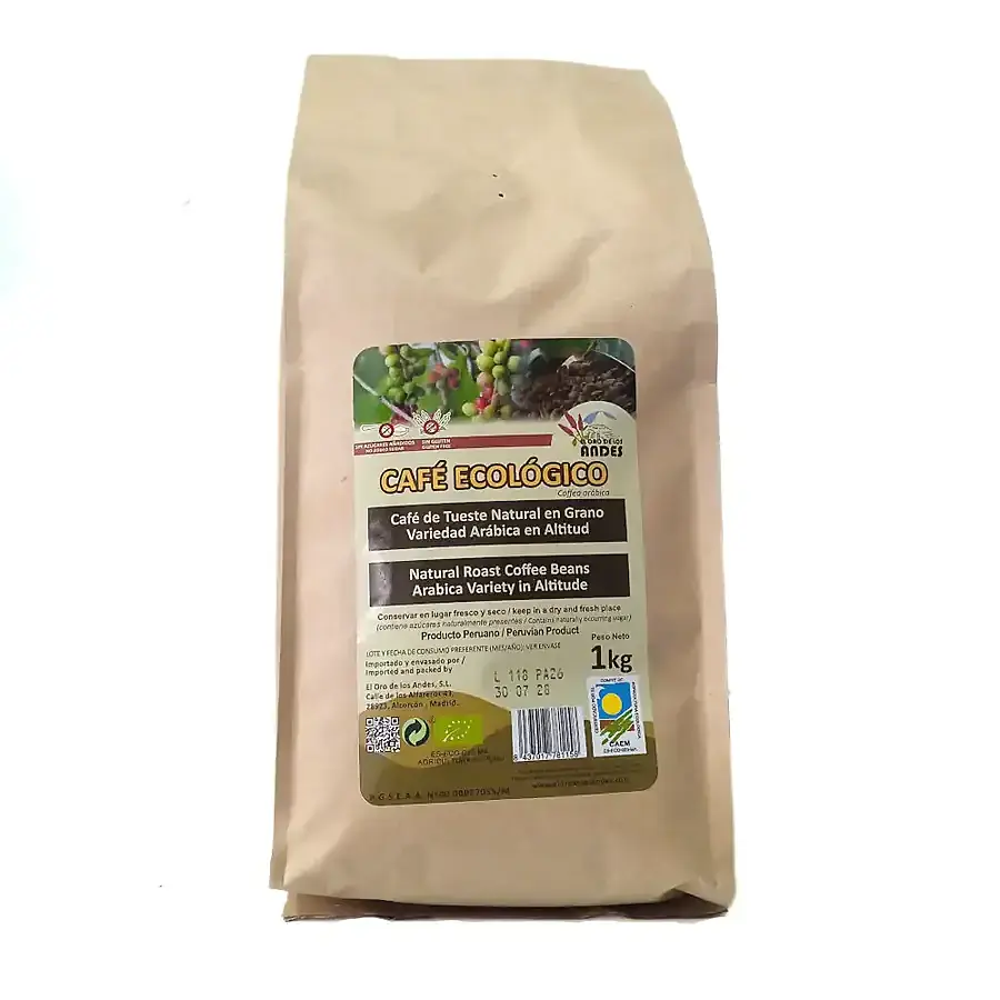 Café tostado natural peru grano BIO 1 kg, El Oro De Los Andes
