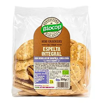 Mini crackers de trigo espelta integral con semillas y masa madre BIO 200 g, Biocop